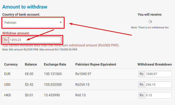 amount to withdraw