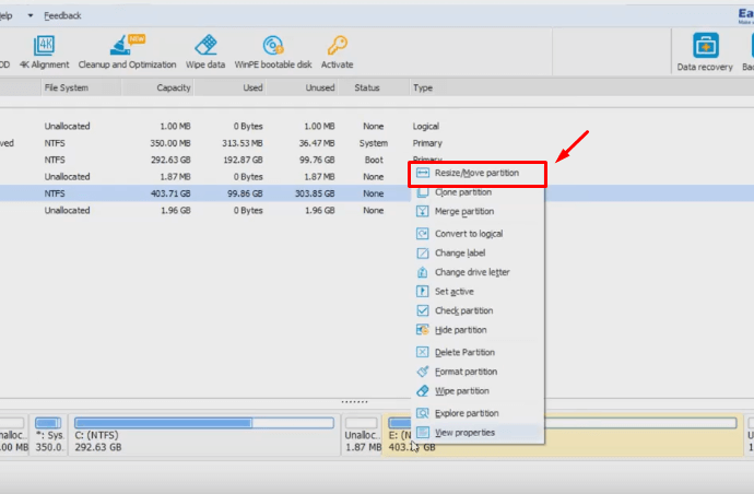 resize and move partition